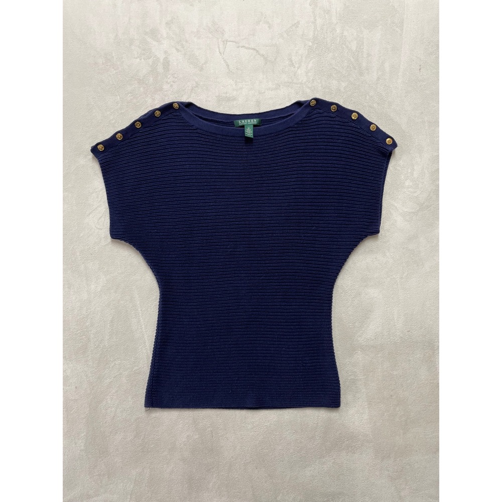 Lauren Ralph Lauren Navy Blue Ribbed Short Sleeve Sweater Gold Button Shoulder M